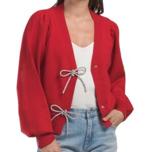 Red Cardigan with Rhinestone Bow buttons